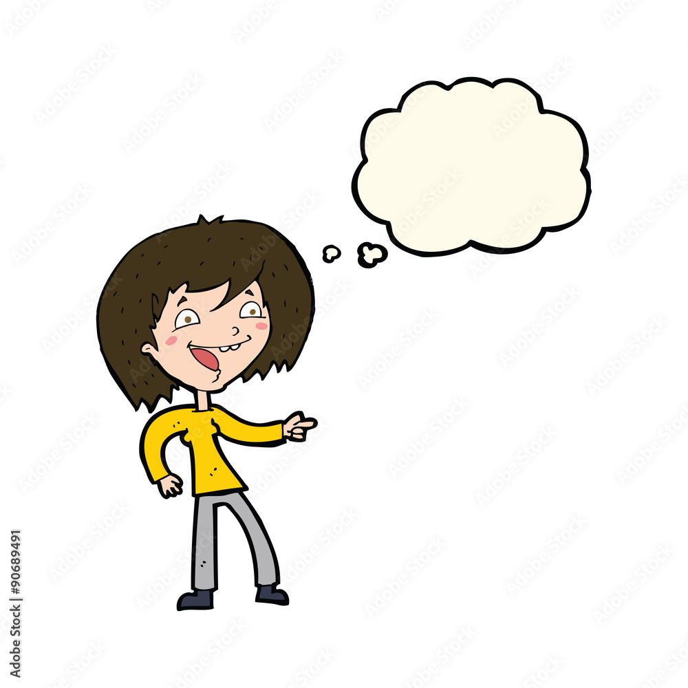 cartoon woman laughing and pointing with thought bubble cartoon woman laughing and pointing with thought bubble