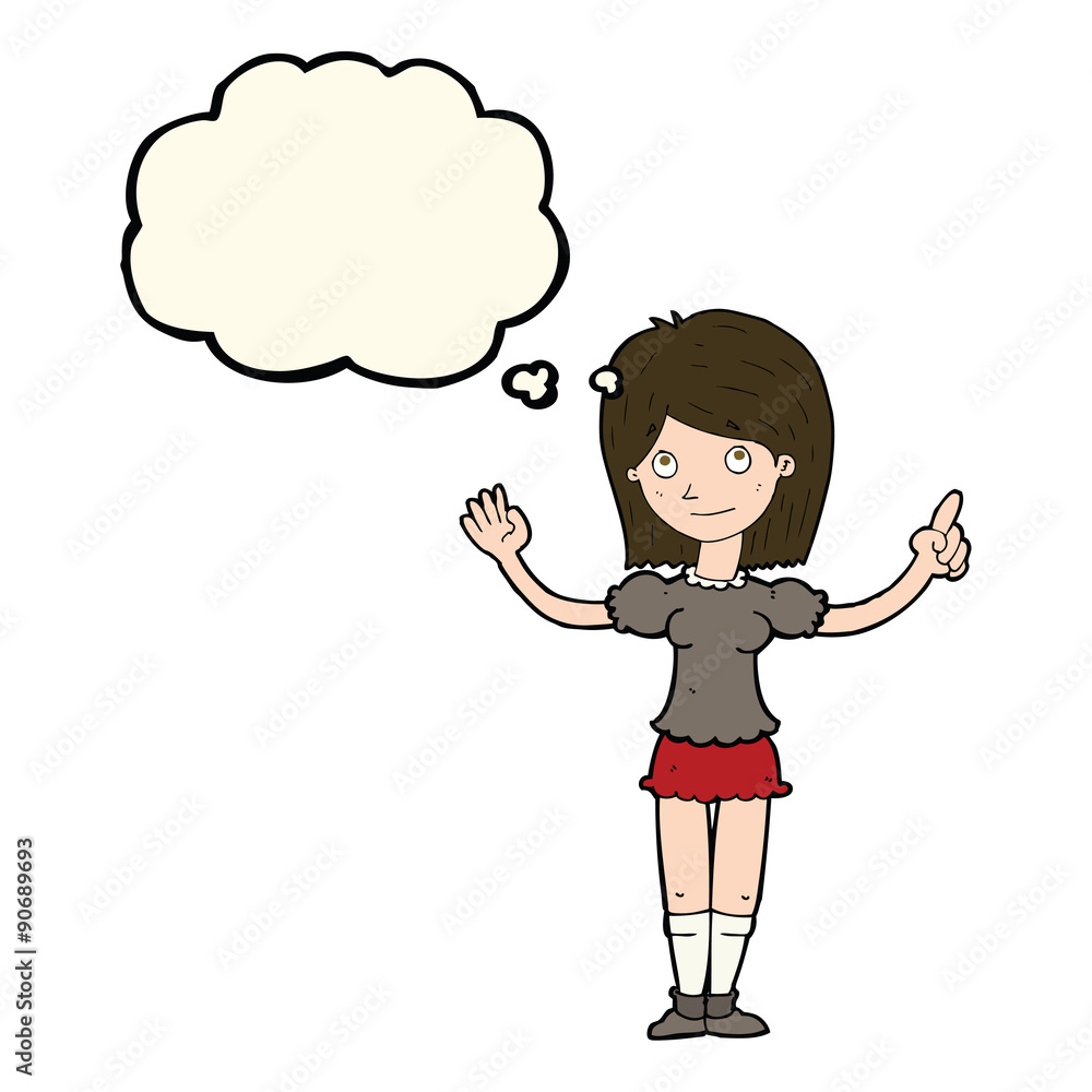 cartoon woman explaining idea with thought bubble cartoon woman explaining idea with thought bubble