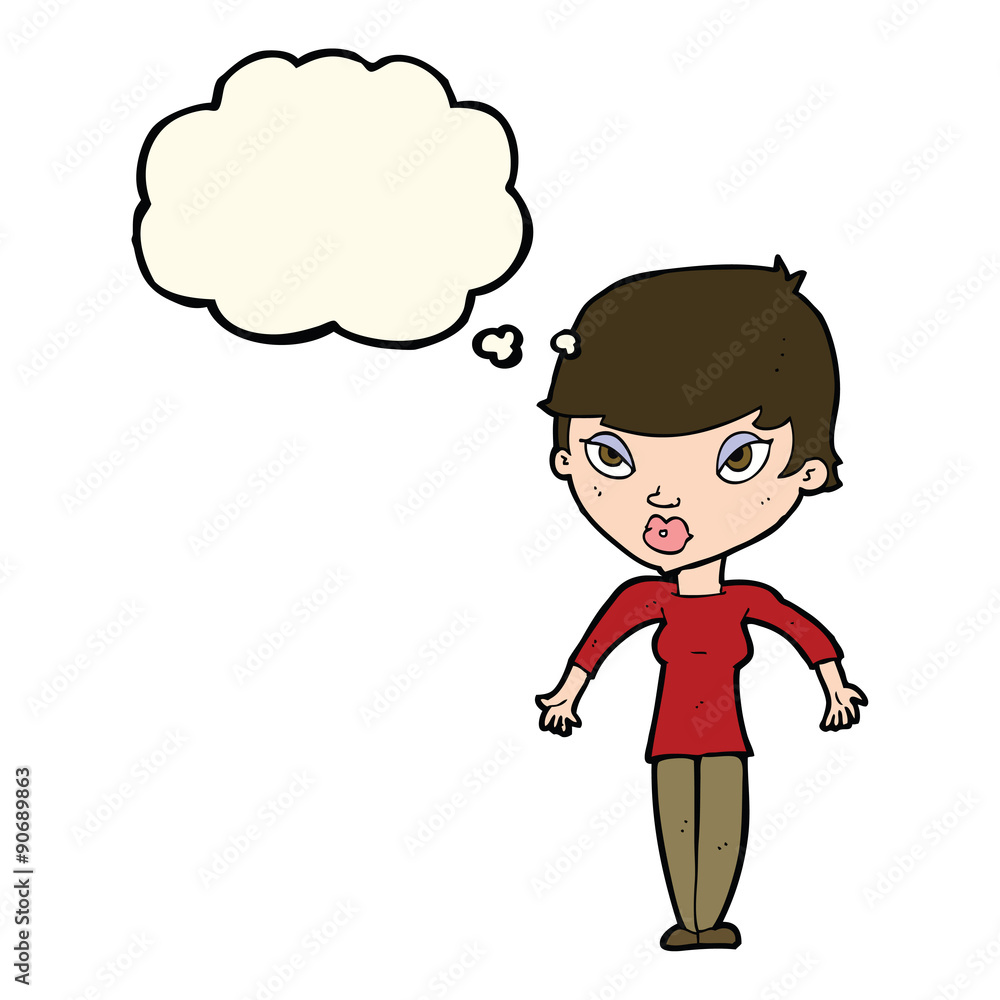 cartoon woman shrugging shoulders with thought bubble cartoon woman shrugging shoulders with thought bubble