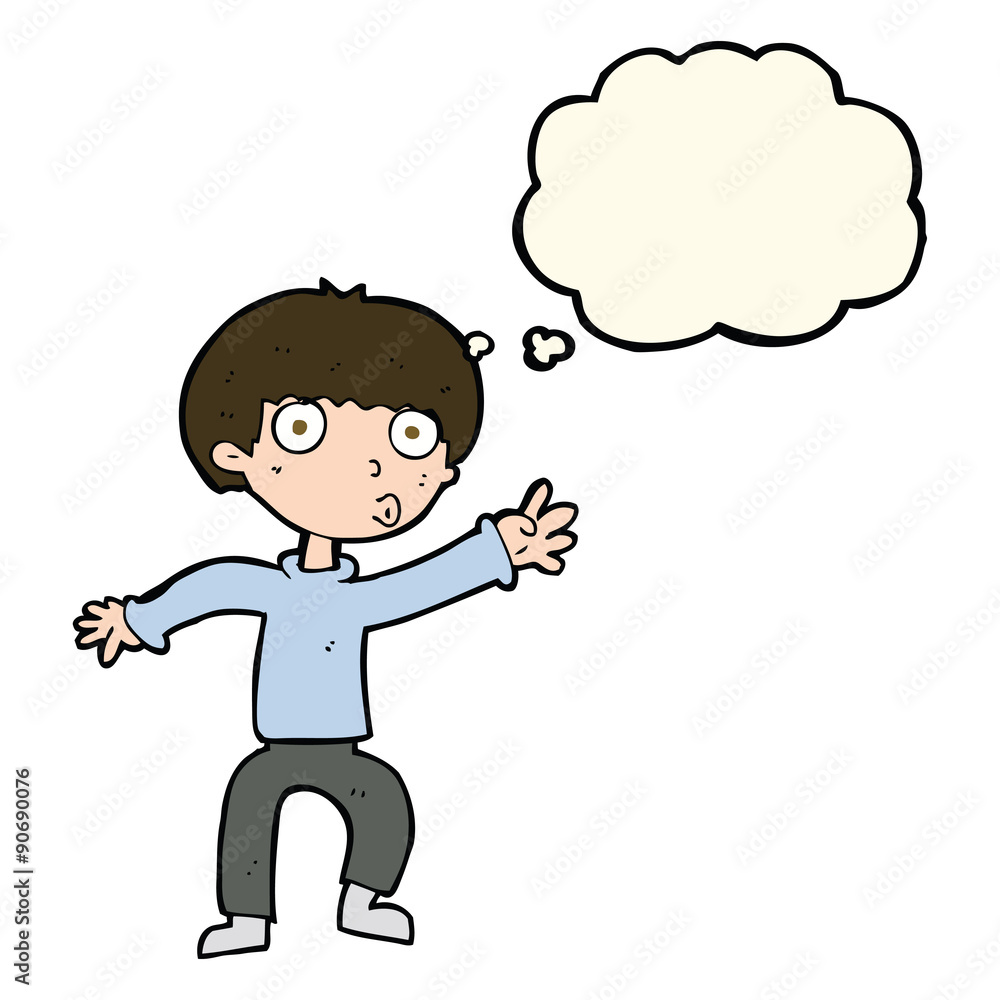 cartoon boy waving warning with thought bubble cartoon boy waving warning with thought bubble