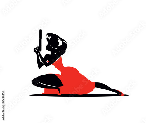 PrintThe woman super agent. In a red dress with a gun.