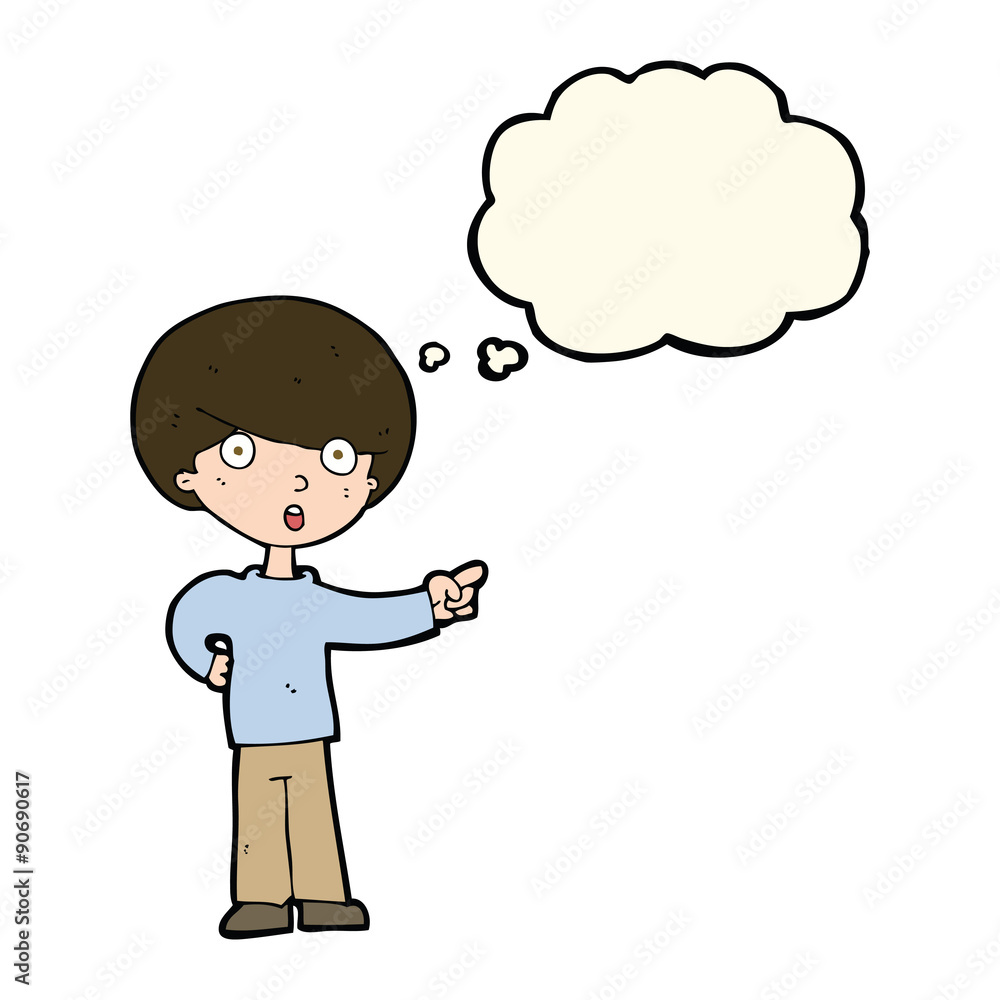 cartoon pointing boy with thought bubble cartoon pointing boy with thought bubble