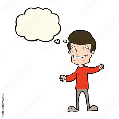 cartoon grinning man with thought bubble