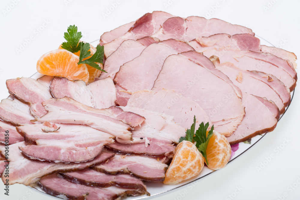 Plate of smoked meat isolated on white background Plate of smoked meat isolated on white background