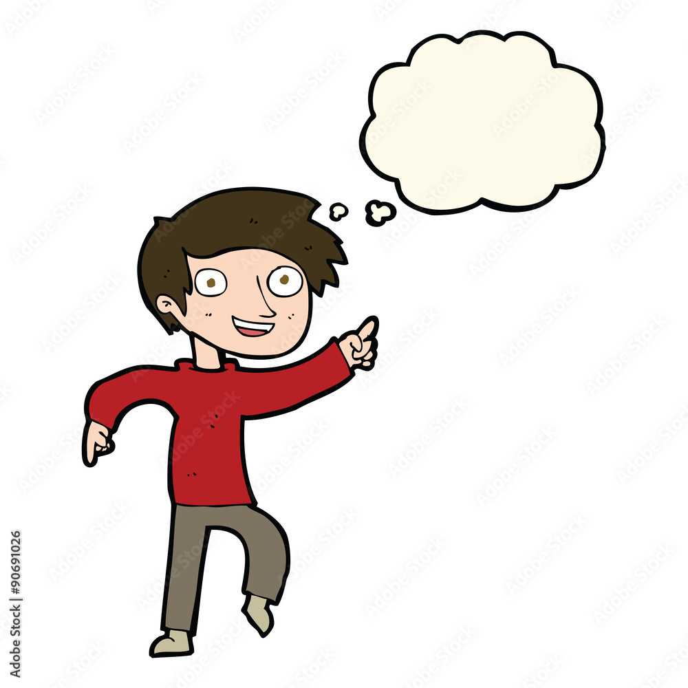 cartoon happy boy pointing with thought bubble cartoon happy boy pointing with thought bubble