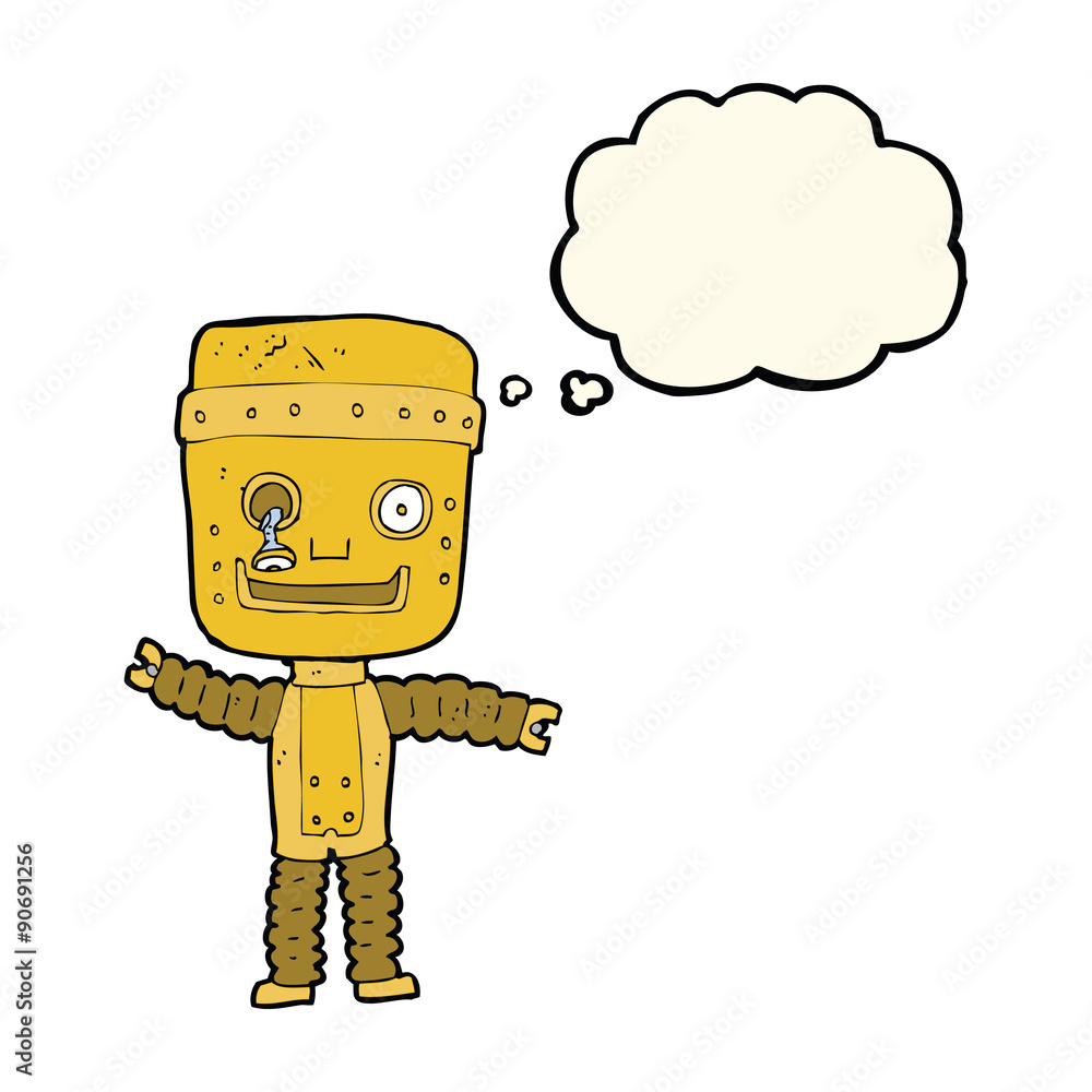 cartoon funny gold robot with thought bubble cartoon funny gold robot with thought bubble
