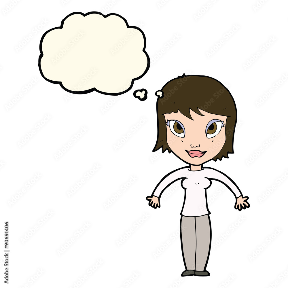 cartoon woman shrugging shoulders with thought bubble cartoon woman shrugging shoulders with thought bubble