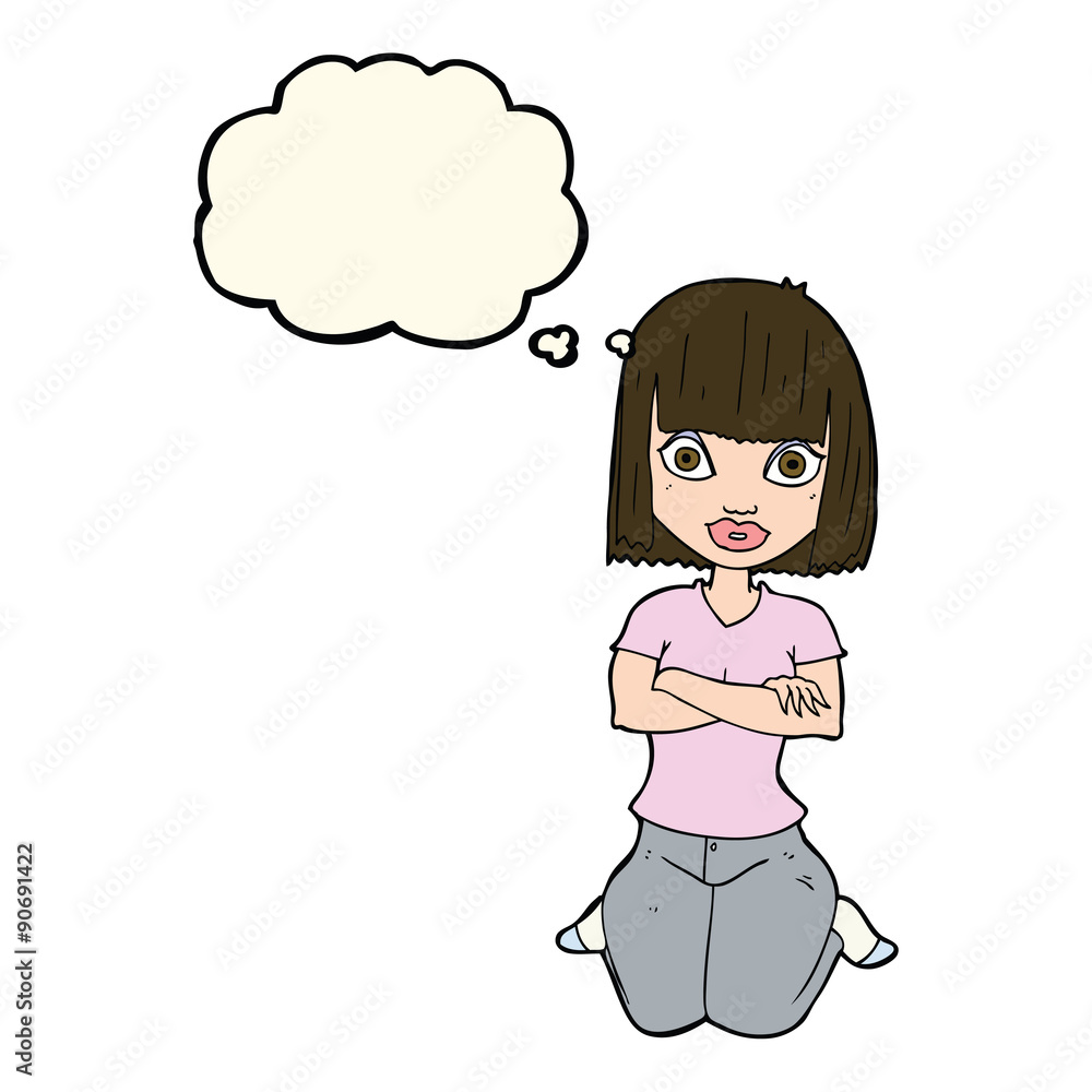 cartoon woman kneeling with thought bubble cartoon woman kneeling with thought bubble