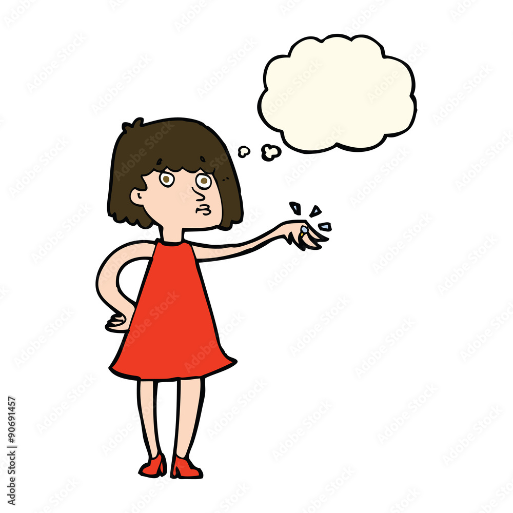 cartoon woman showing off engagement ring with thought bubble cartoon woman showing off engagement ring with thought bubble