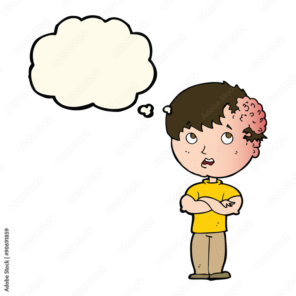 cartoon boy with growth on head with thought bubble cartoon boy with growth on head with thought bubble