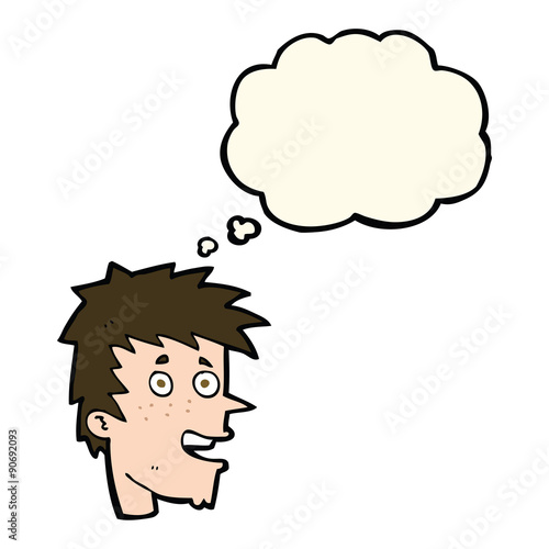 cartoon happy boy face with thought bubble