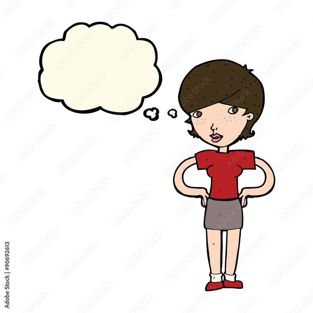 cartoon woman with hands on hips with thought bubble cartoon woman with hands on hips with thought bubble