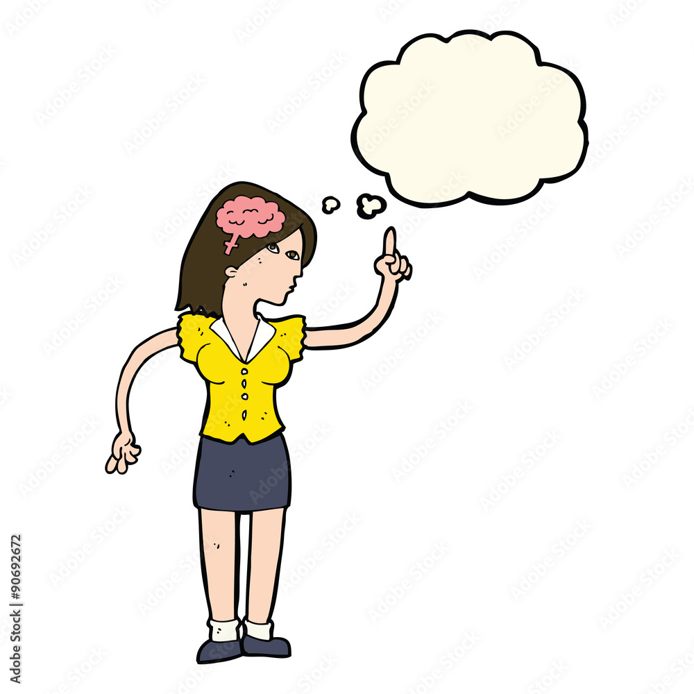 cartoon woman with clever idea with thought bubble cartoon woman with clever idea with thought bubble