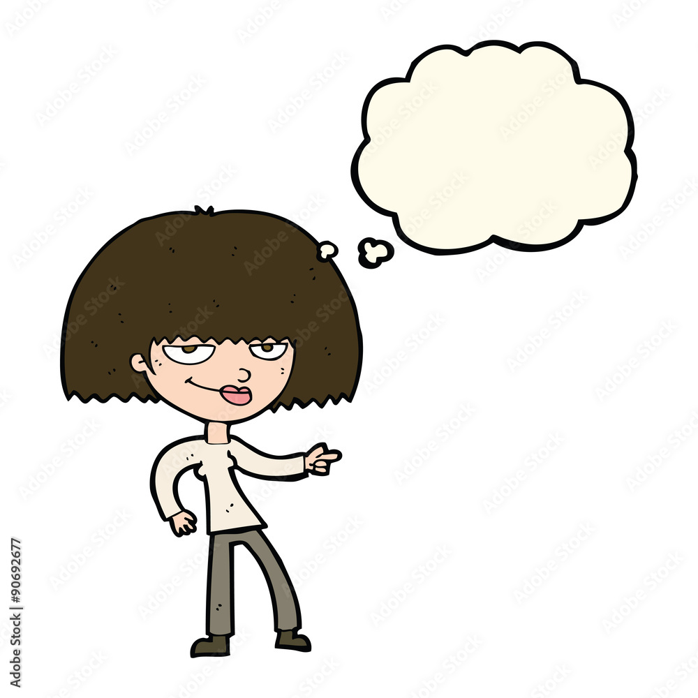 cartoon happy woman pointing with thought bubble cartoon happy woman pointing with thought bubble