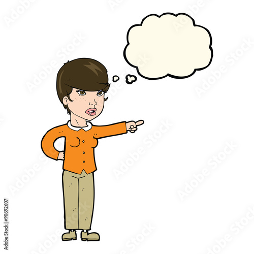 cartoon woman pointing finger of blame with thought bubble