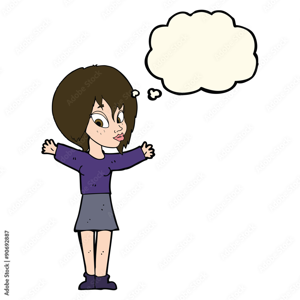 cartoon woman with open arms with thought bubble cartoon woman with open arms with thought bubble