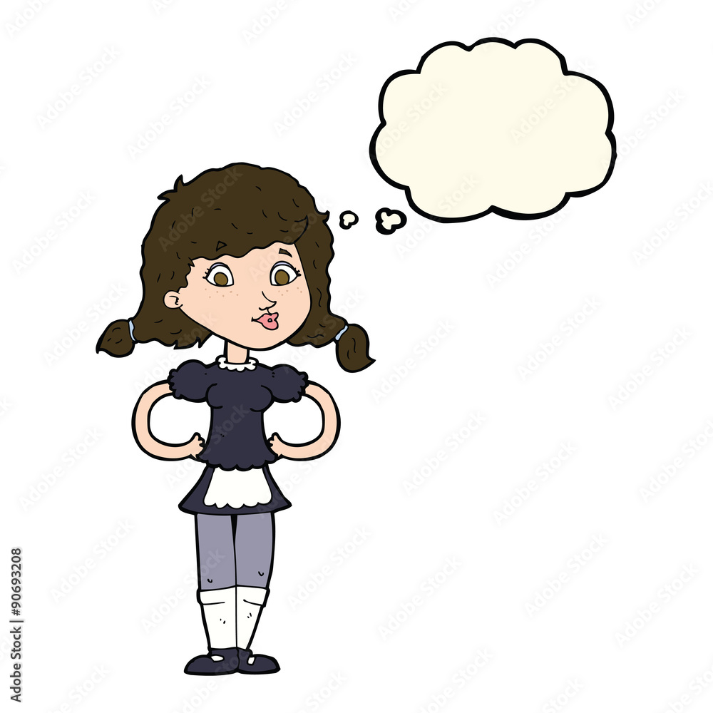 cartoon happy waitress woman with thought bubble cartoon happy waitress woman with thought bubble