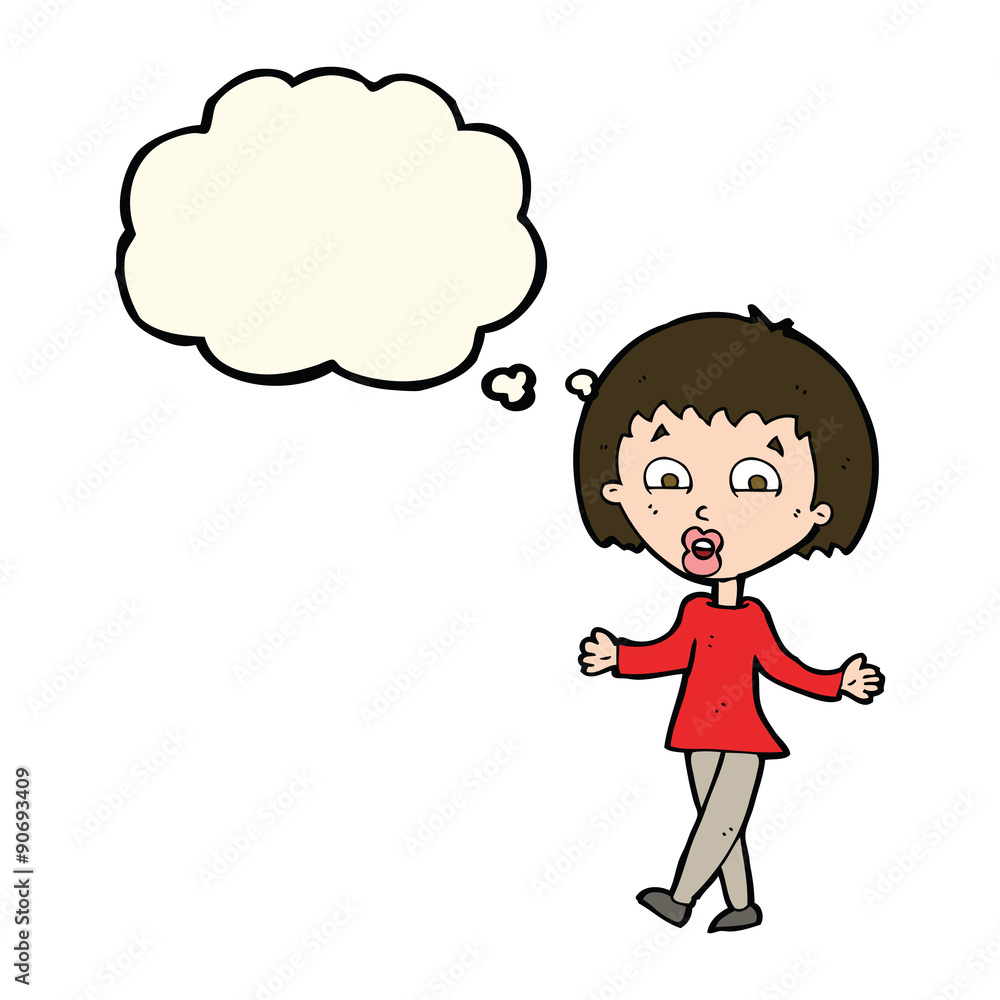 cartoon woman shrugging shoulders with thought bubble cartoon woman shrugging shoulders with thought bubble