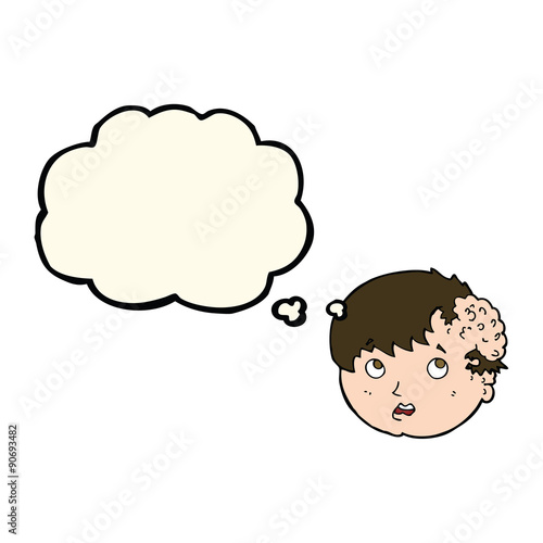 cartoon boy with ugly growth on head with thought bubble