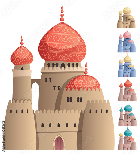 Arabian Castle on White / Cartoon Arabian castle on white background in 7 color versions. No transparency used. Basic (linear) gradients.