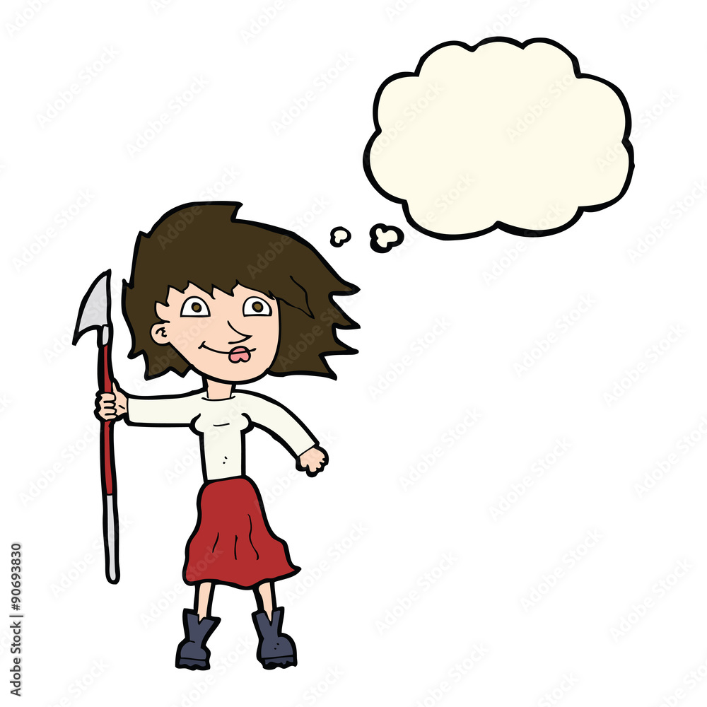 cartoon woman with spear with thought bubble cartoon woman with spear with thought bubble