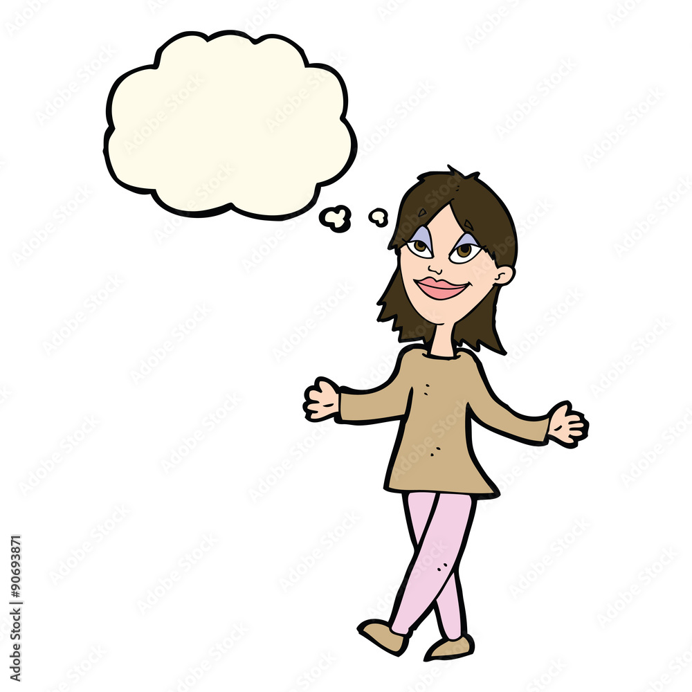 cartoon woman with no worries with thought bubble cartoon woman with no worries with thought bubble