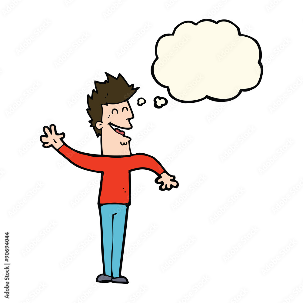 cartoon happy man waving with thought bubble cartoon happy man waving with thought bubble