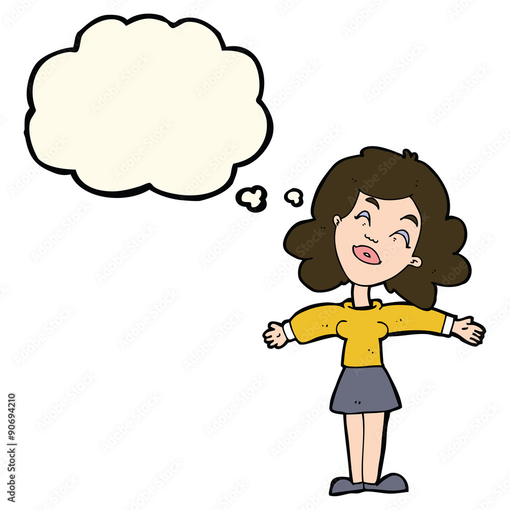 cartoon woman with open arms with thought bubble cartoon woman with open arms with thought bubble