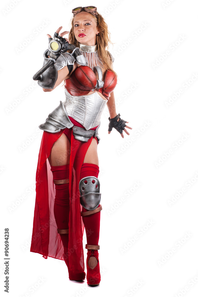 A woman dressed as a warrior on an isolated white background A woman dressed as a warrior on an isolated white background