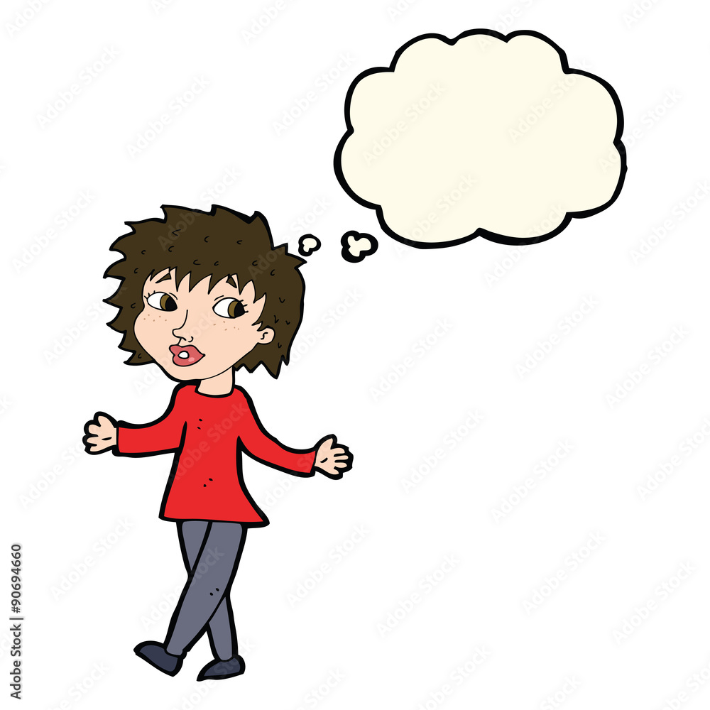 cartoon woman with no worries with thought bubble cartoon woman with no worries with thought bubble