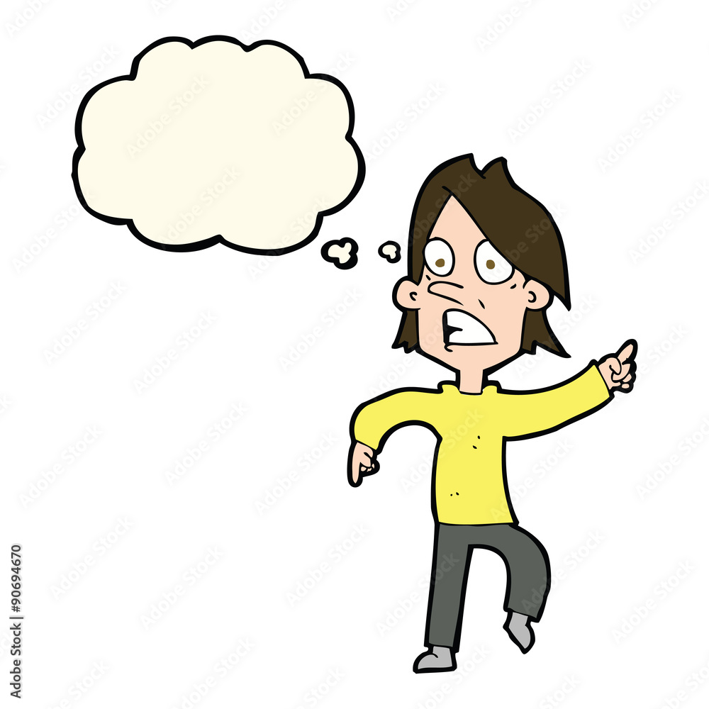 cartoon worried man pointing with thought bubble cartoon worried man pointing with thought bubble