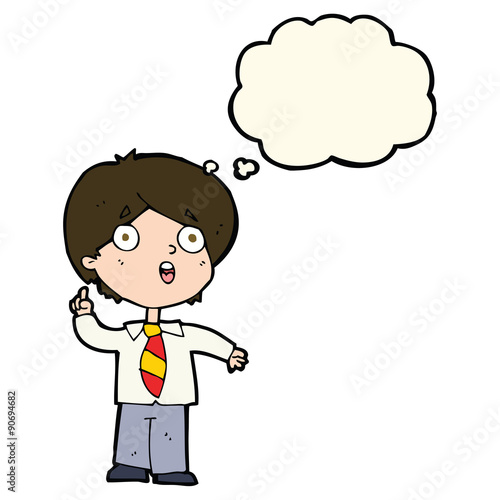 cartoon schoolboy answering question with thought bubble