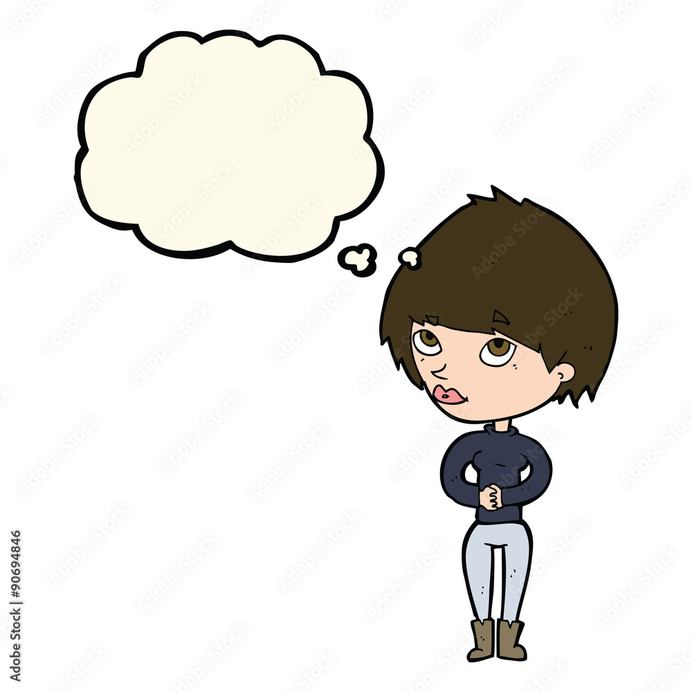 cartoon woman considering with thought bubble cartoon woman considering with thought bubble