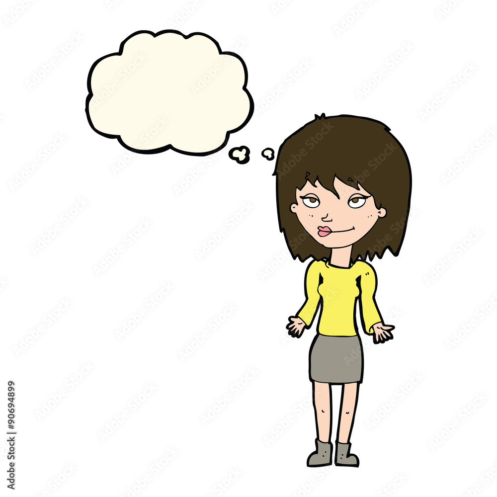 cartoon woman shrugging shoulders with thought bubble cartoon woman shrugging shoulders with thought bubble