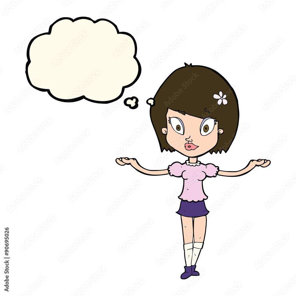 cartoon woman making balancing gesture with thought bubble cartoon woman making balancing gesture with thought bubble