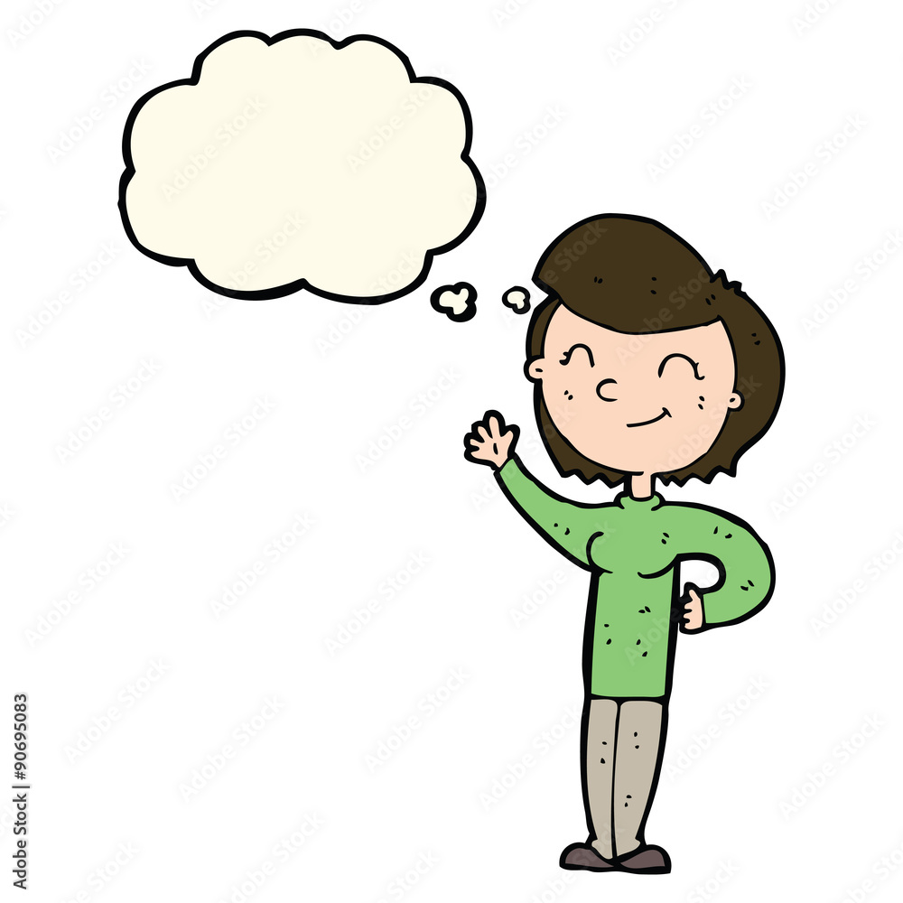 cartoon friendly waving woman with thought bubble cartoon friendly waving woman with thought bubble