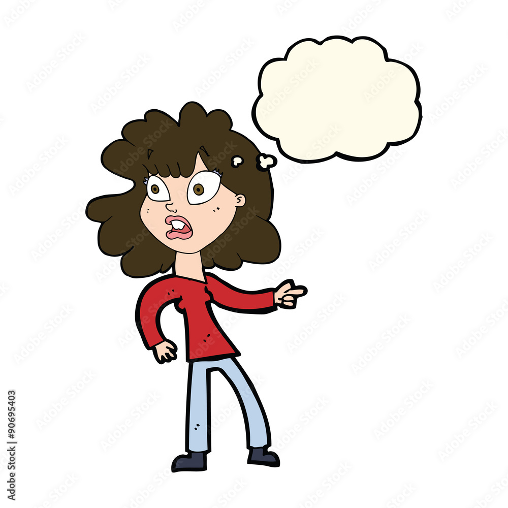 cartoon worried woman pointing with thought bubble cartoon worried woman pointing with thought bubble