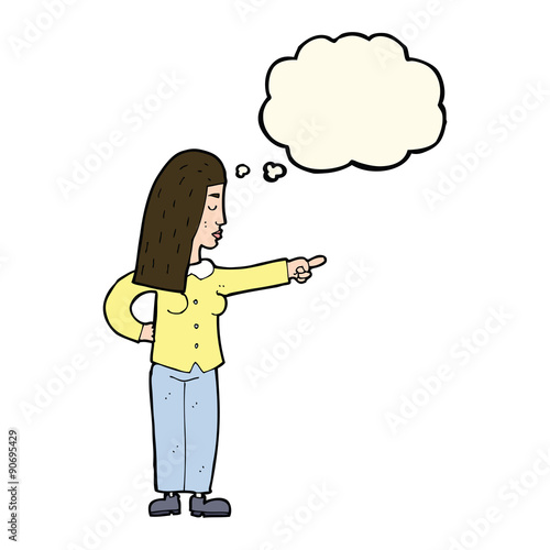 cartoon woman pointing with thought bubble