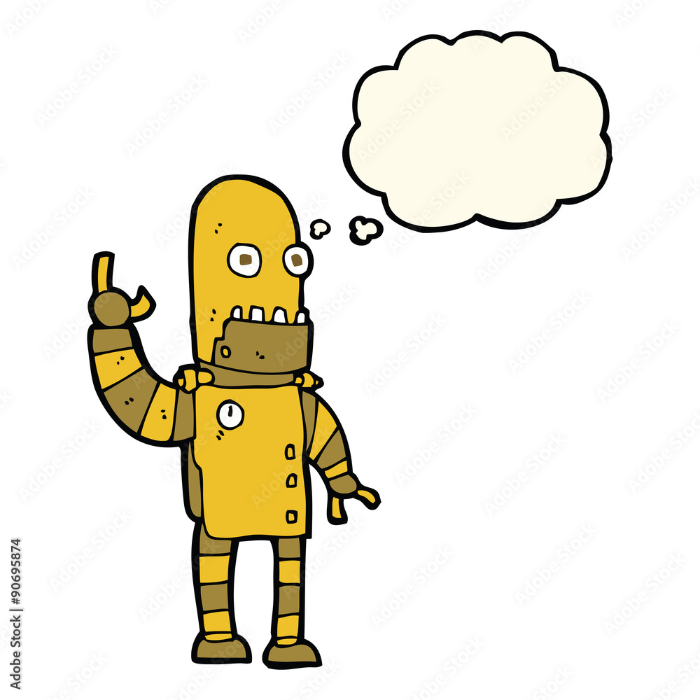 cartoon waving gold robot with thought bubble cartoon waving gold robot with thought bubble