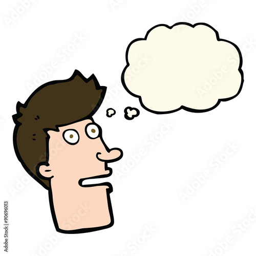 cartoon shocked male face with thought bubble