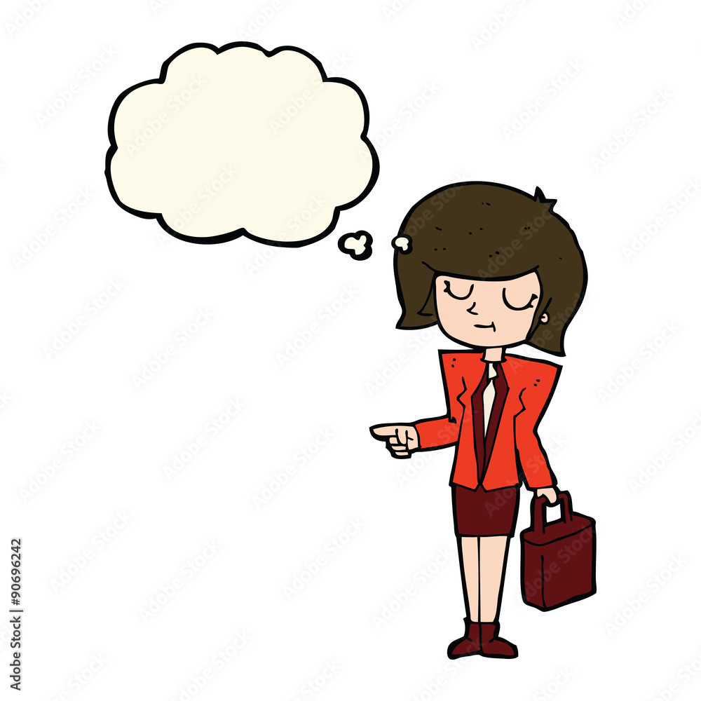 cartoon businesswoman pointing with thought bubble cartoon businesswoman pointing with thought bubble