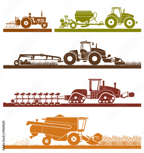 Agricultural mechanization icons. Icon set of working machines. Agricultural machines with accessories for plowing, mowing, planting, spraying and harvesting.