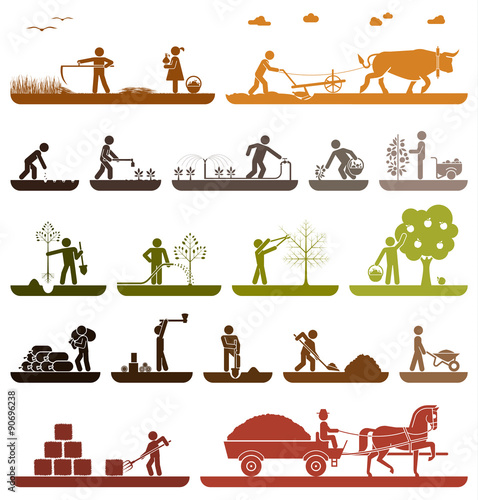 Set of pictogram icons presenting agricultural work and life on the farm. Organic production. Agriculture icons.