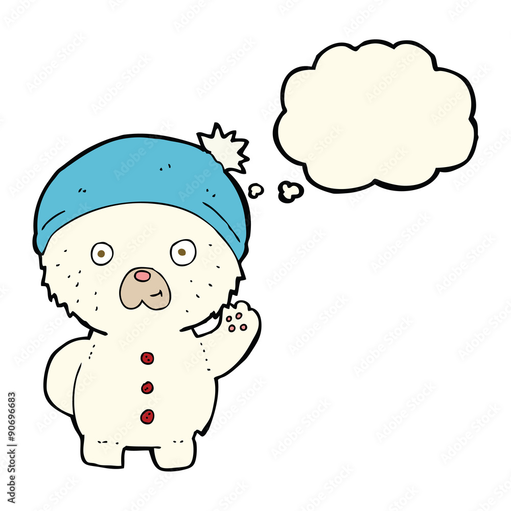 cartoon waving polar teddy bear in winter hat with thought bubbl cartoon waving polar teddy bear in winter hat with thought bubbl
