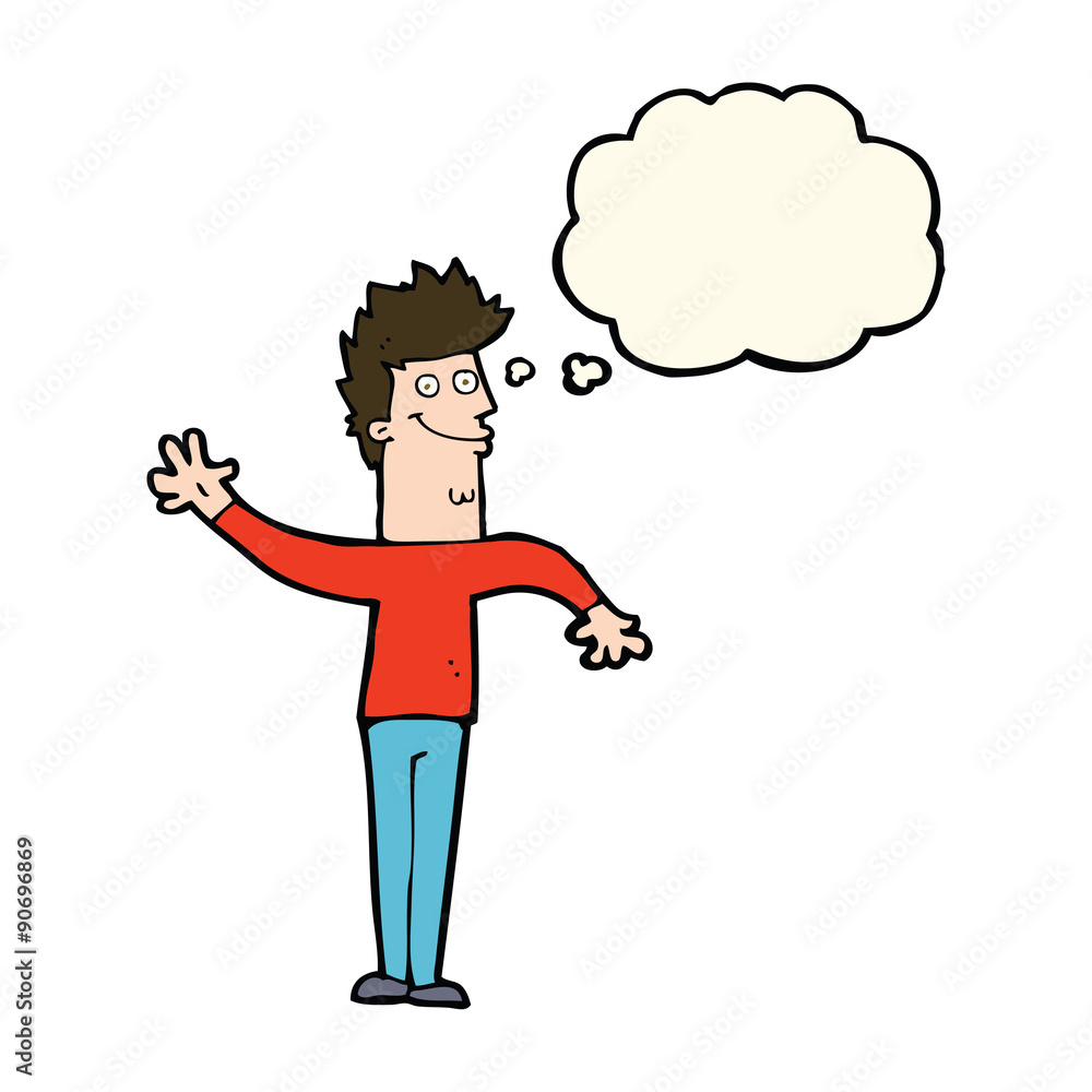 cartoon happy waving man with thought bubble cartoon happy waving man with thought bubble