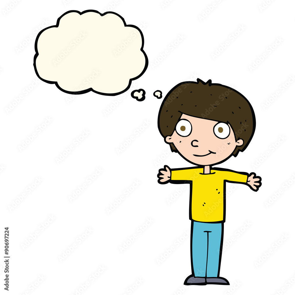 cartoon happy boy with open arms with thought bubble cartoon happy boy with open arms with thought bubble