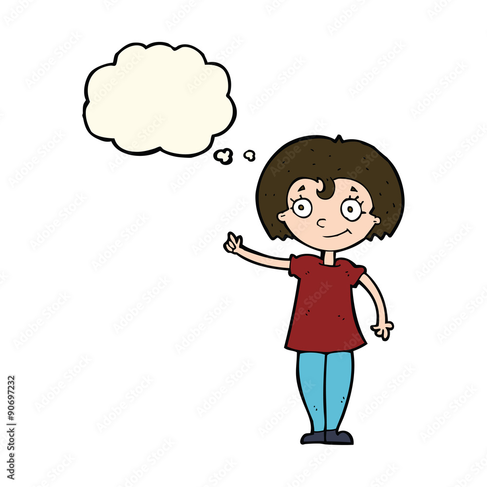 cartoon happy woman pointing with thought bubble cartoon happy woman pointing with thought bubble
