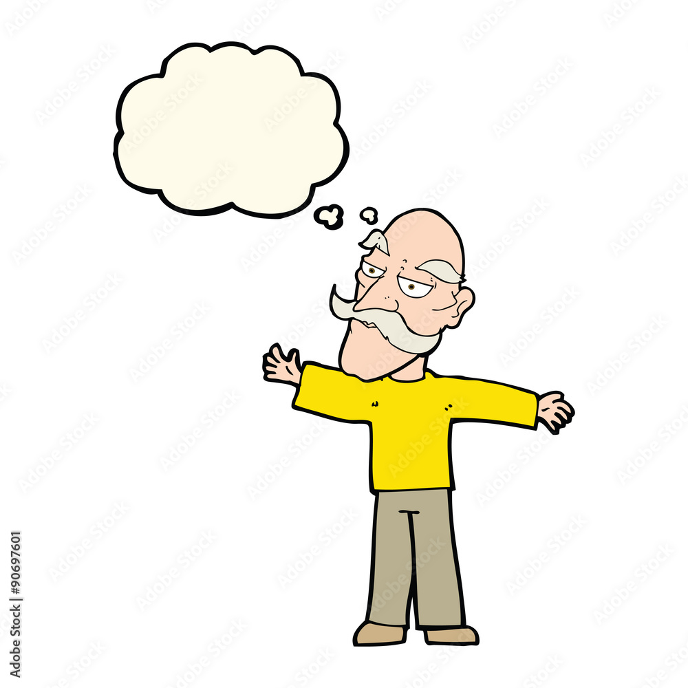 cartoon old man spreading arms wide with thought bubble