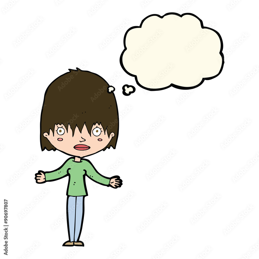 cartoon woman shrugging shoulders with thought bubble cartoon woman shrugging shoulders with thought bubble
