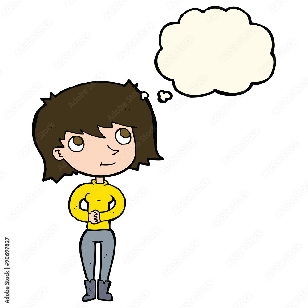 cartoon friendly woman with thought bubble cartoon friendly woman with thought bubble